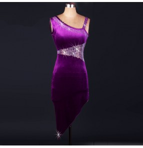 Purple violet velvet women's ladies female rhinestones one shoulder sleeveless competition high quality handmade performance professional latin salsa dance dresses